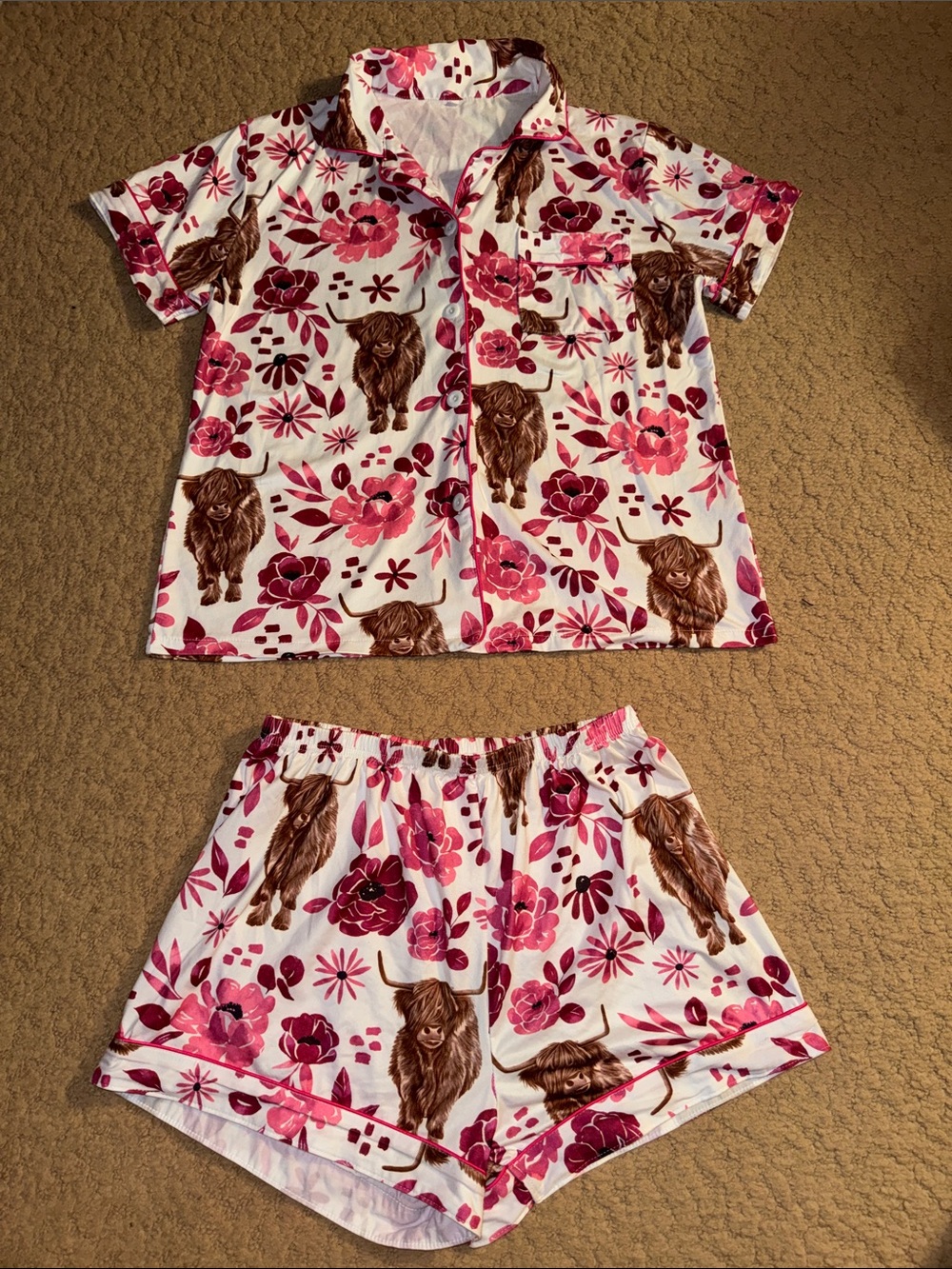 White Pajama Set with Pink Floral and Highland Cow Print